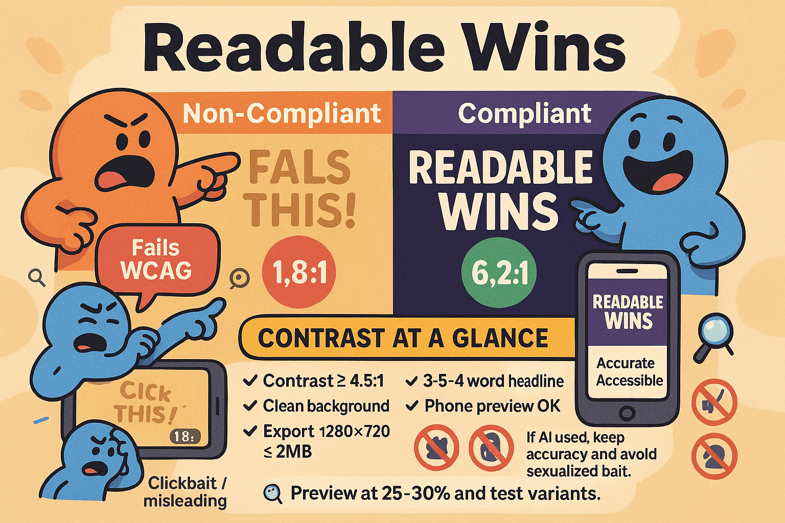 Split image of low-contrast failing thumbnail and high-contrast compliant thumbnail with phone preview for accessibility