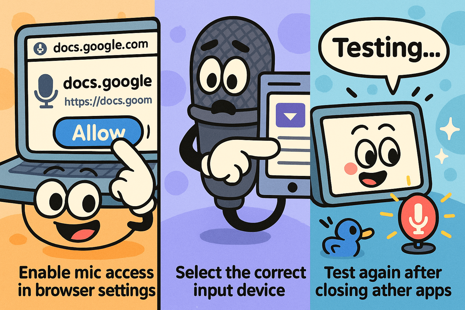 Three cartoon panels showing enabling browser mic access, choosing input device, and testing voice typing in Google Docs