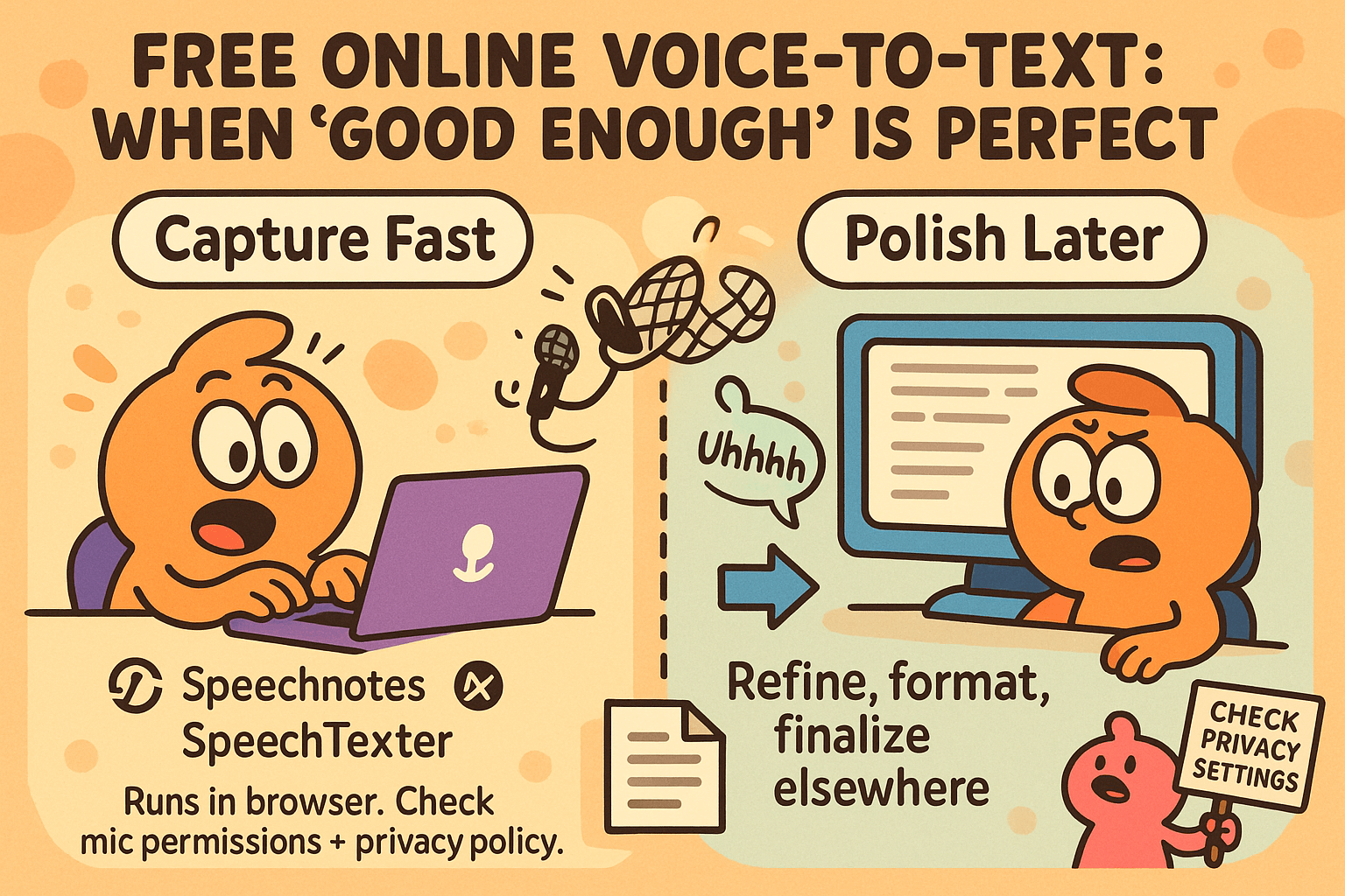 Cartoon shows quick voice-to-text capture on the left and later text editing on the right to illustrate fast note taking vs refinement