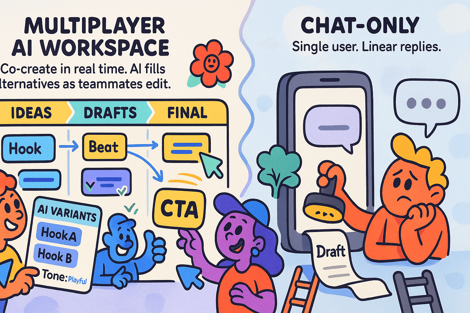 Split scene showing a multiplayer AI workspace with teammates editing together contrasted with one person waiting in a chat tool