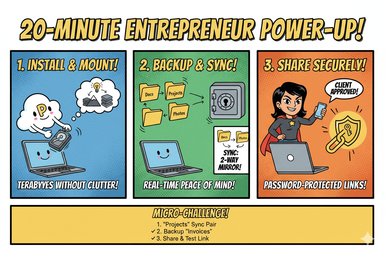 Cartoon entrepreneur completes 3 pCloud setup steps: install and mount drive, backup and sync folders, and share a password-protected link