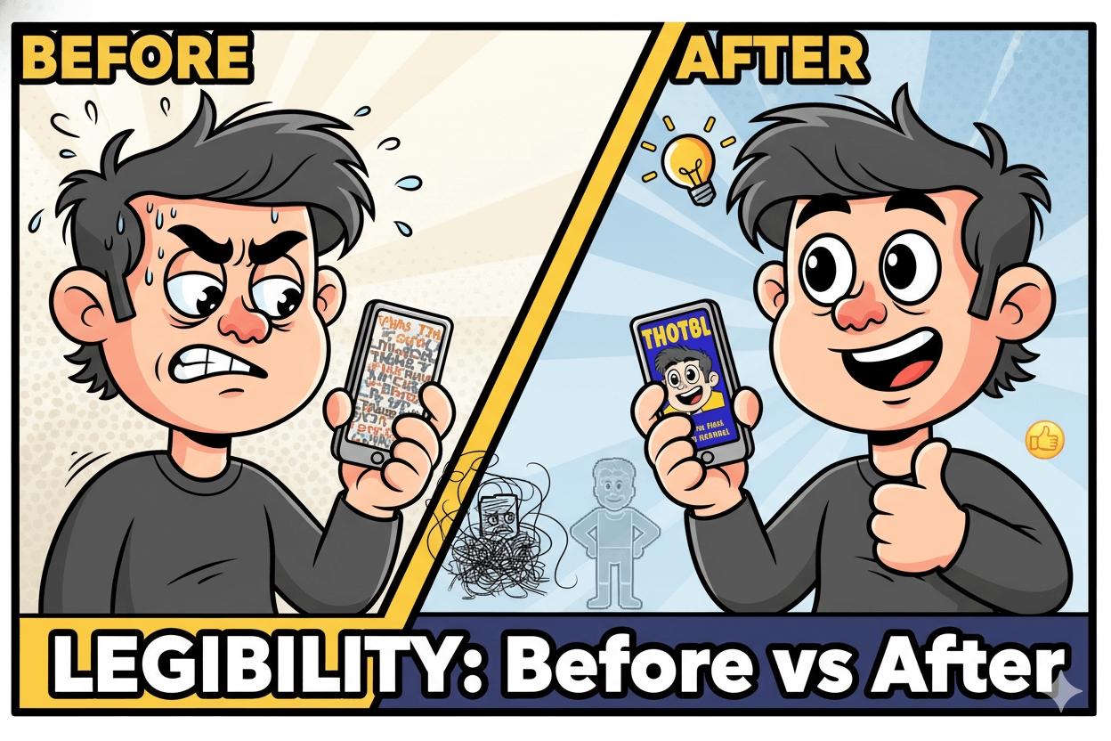 Cartoon split comparison showing a frustrated man struggling to read a bad mobile thumbnail and a happy man easily viewing a good one to illustrate legibility