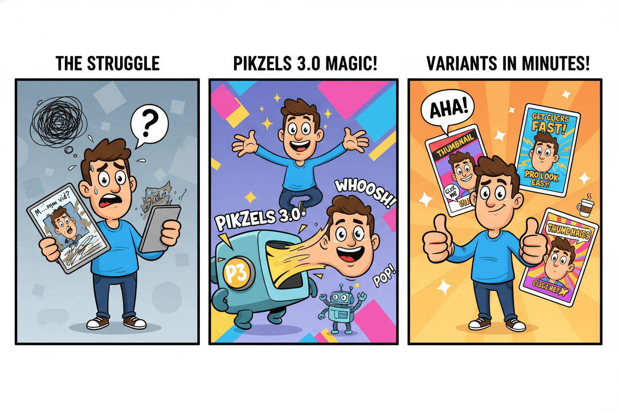 A three-panel cartoon shows a YouTuber struggling with a bad thumbnail, then using Pikzels 3.0 for face swaps and text, finally celebrating three strong variants.