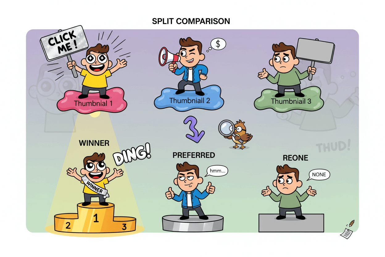 Cartoon figures demonstrate YouTube's A/B test for thumbnails, showing three variants leading to a winner, preferred, or none outcome.