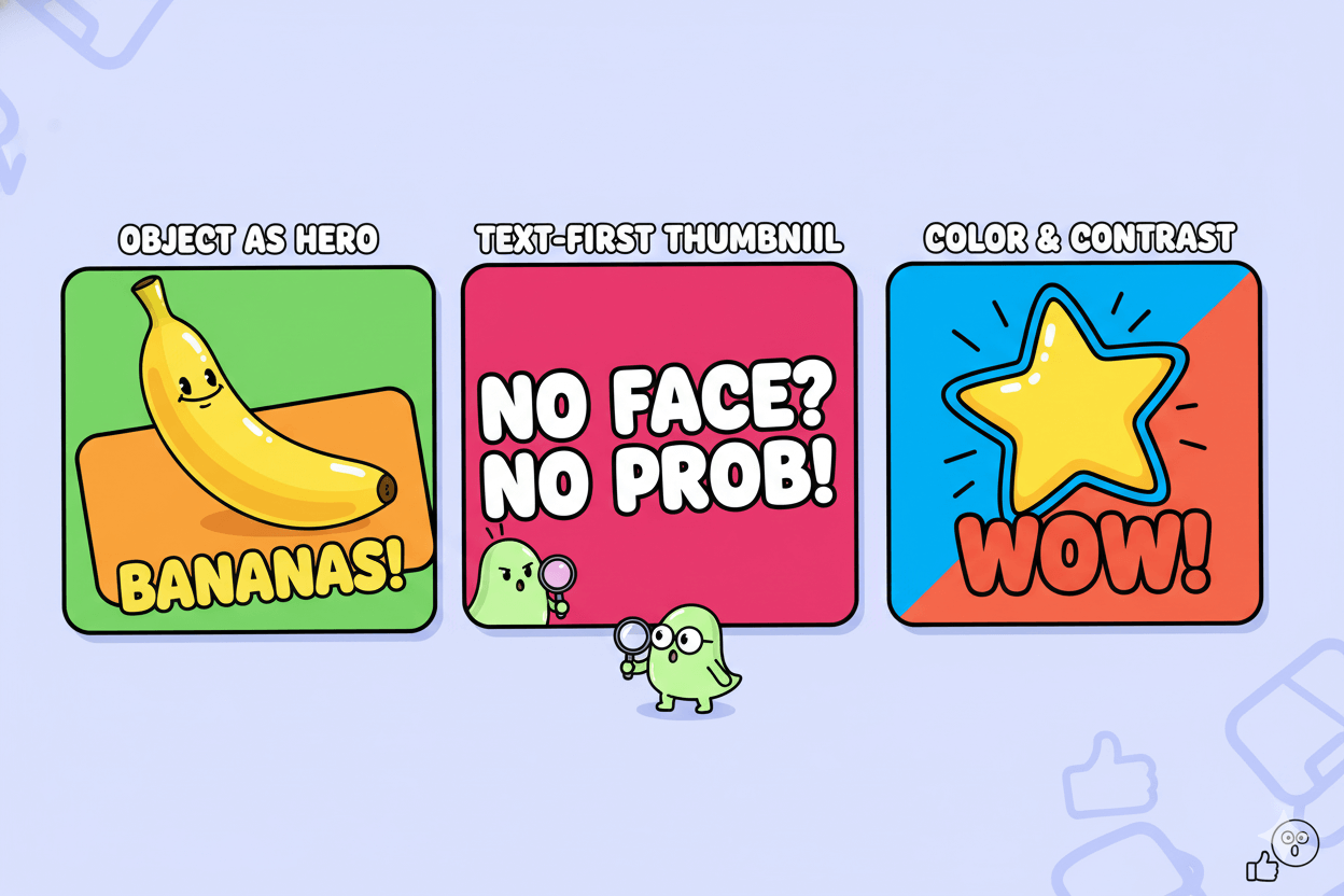 Three cartoon panels show different effective thumbnail patterns for faceless YouTube channels, demonstrating visual clarity for mobile.