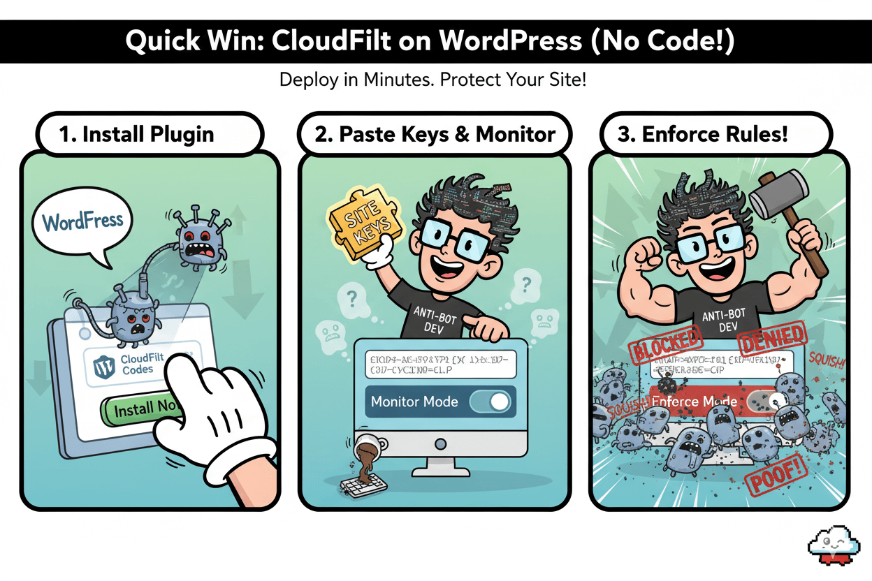 A three-panel cartoon showing a developer installing a WordPress plugin, pasting site keys in monitor mode, and then enforcing rules against bots.