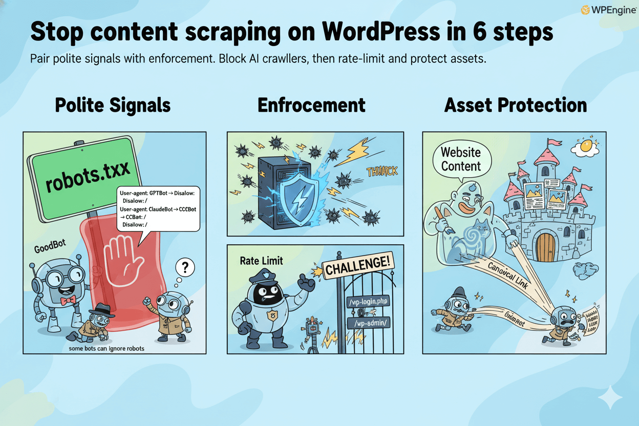 Three panels illustrate stopping WordPress content scraping: polite robots.txt signals, enforcing bot rules and rate limits, and protecting assets.