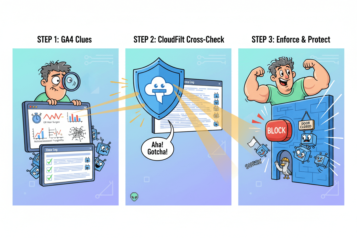 Cartoon panel shows a developer finding bot clues in GA4, cross-checking with CloudFilt, then flexing as a wall blocks bots