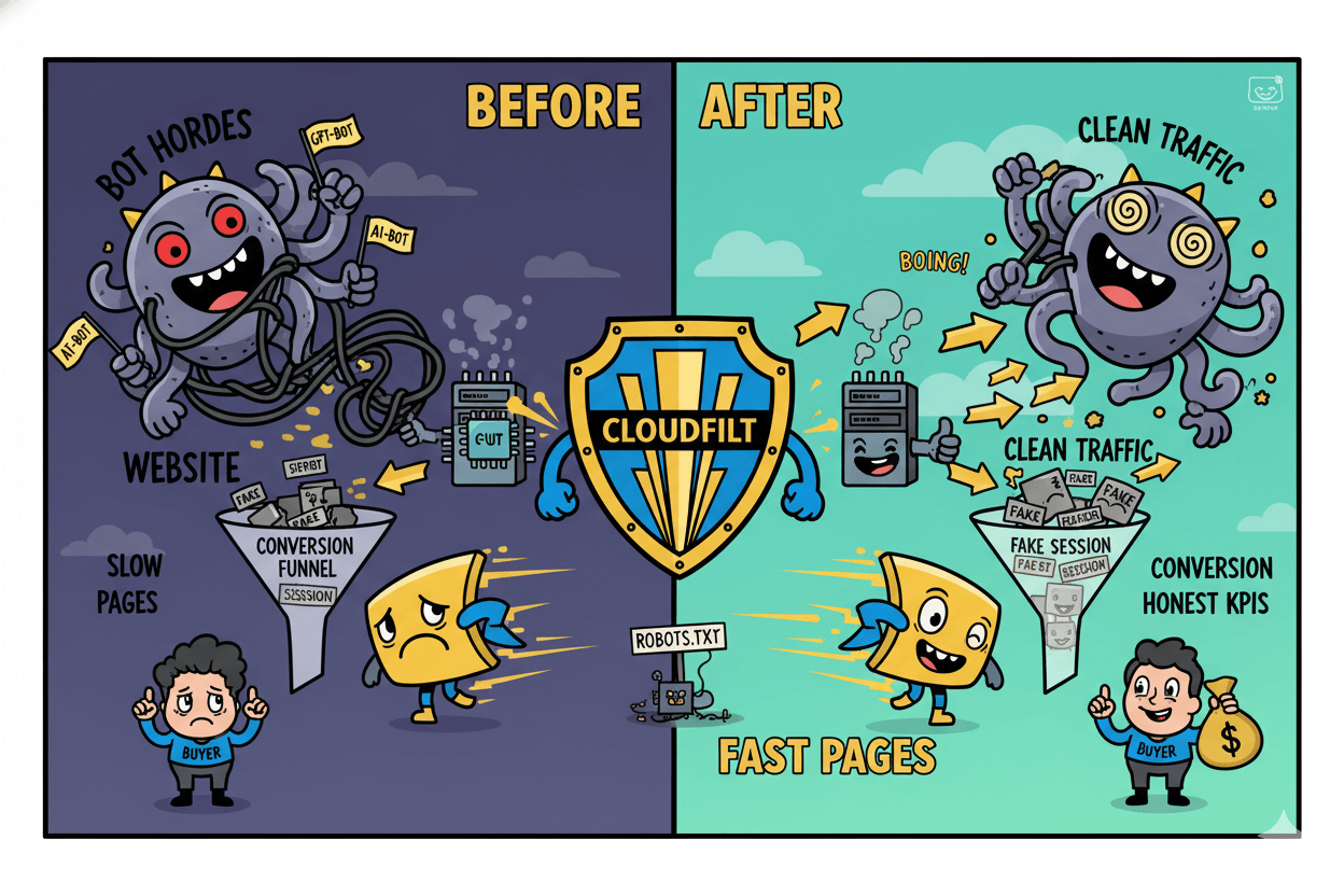 A cartoon before and after comparison shows a website overwhelmed by bot traffic versus a website protected by CloudFilt.