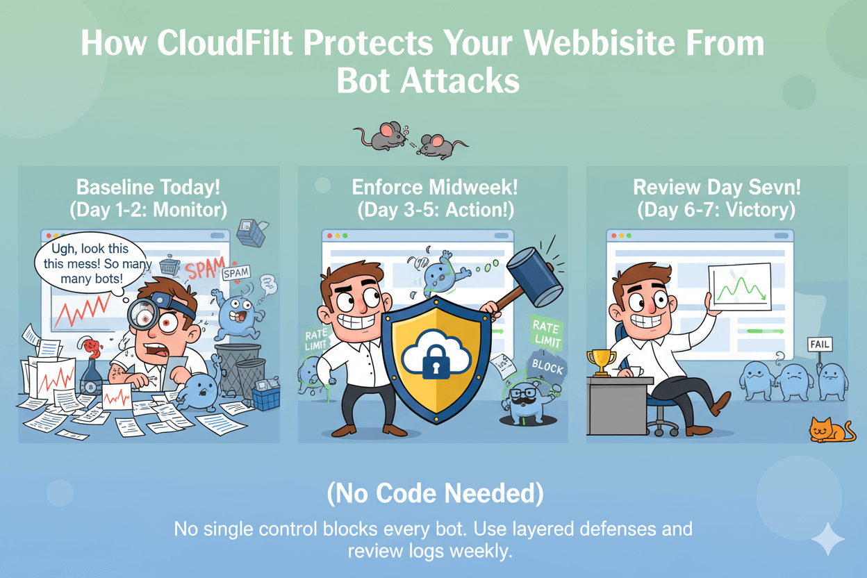 Cartoon developer in a 3-panel process chart fights bots with CloudFilt, showing a 7-day plan's progress and results