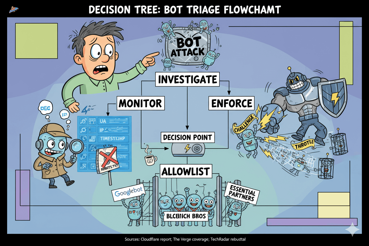 A cartoon decision tree illustrates how to investigate, monitor, and enforce actions against bot attacks, leading to an allowlist.