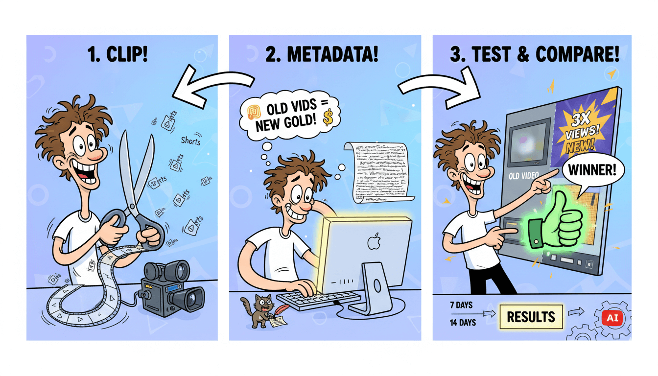 Three cartoon panels show a content creator reviving old videos through clipping, metadata updates, and A/B testing for improved views.