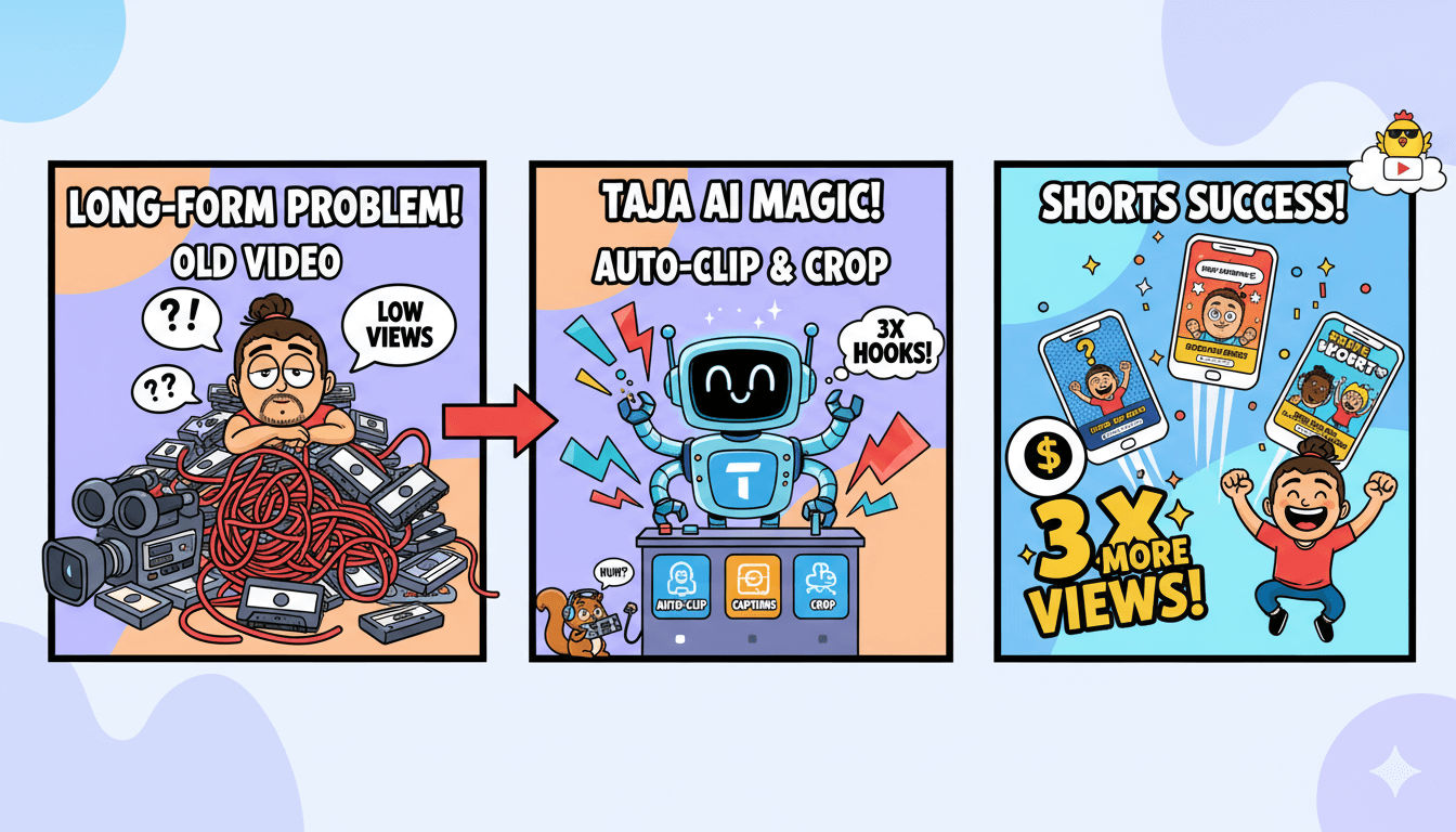 Cartoon illustration shows a discouraged content creator with old videos transforming them into multiple successful shorts with Taja AI