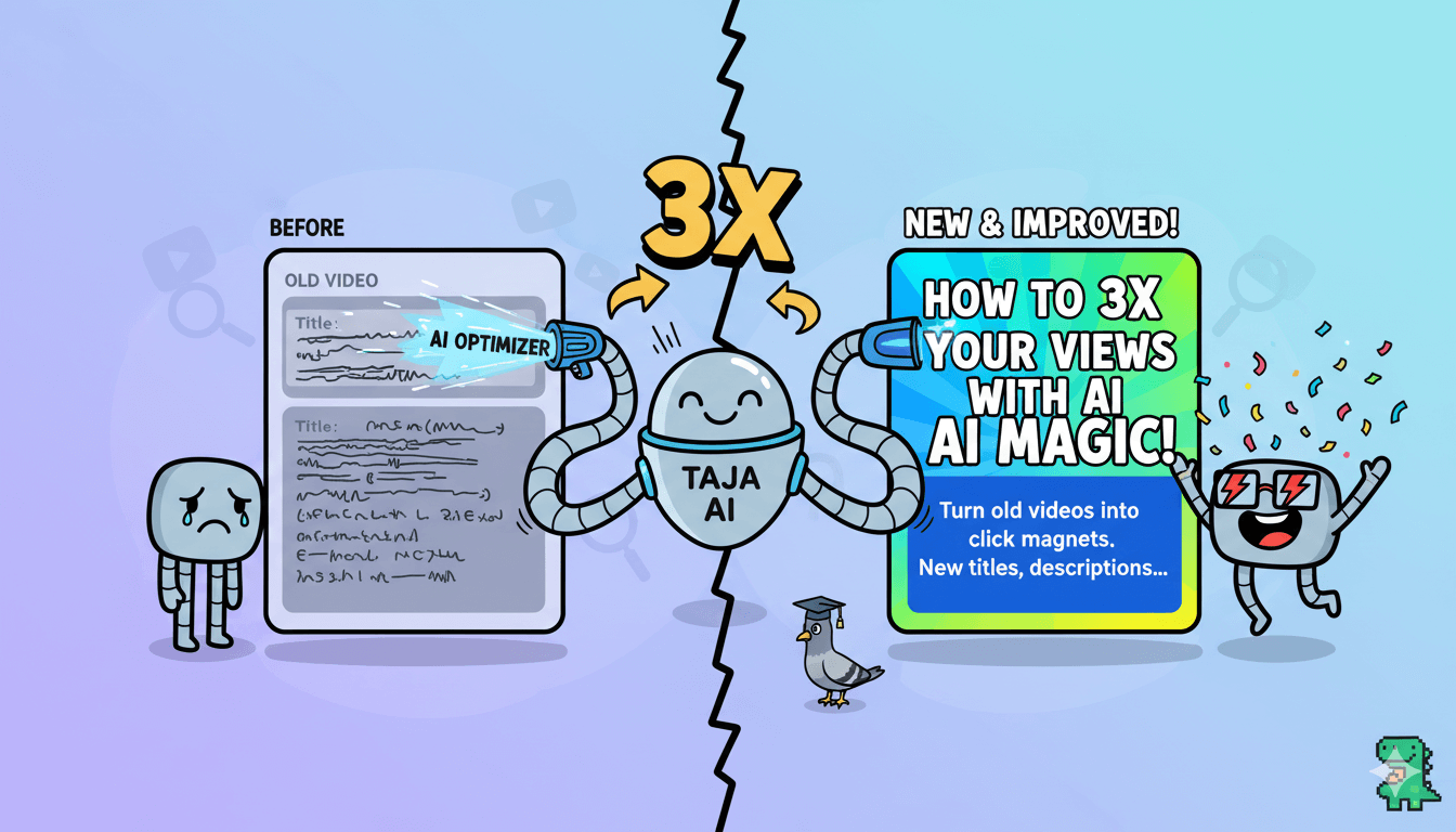 A cartoon split comparison shows a sad old video with generic metadata on the left, and a happy video with a vibrant, optimized title and description (new views) on the right, facilitated by a friendly "Taja AI" robot.