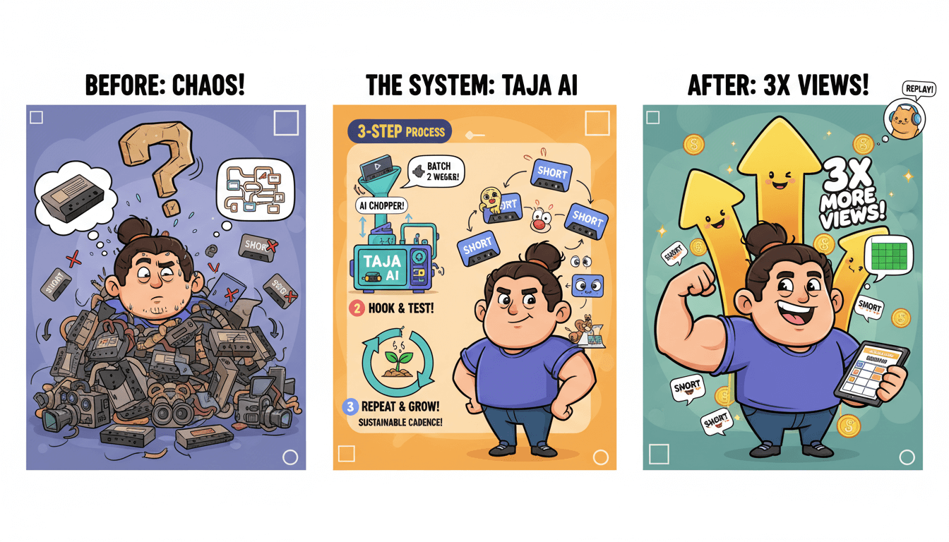 A three-panel cartoon shows a disorganized creator before using Taja AI, then a clear three-step process, and finally a happy, muscular creator with 3x more views, illustrating a shorts cadence that compounds.