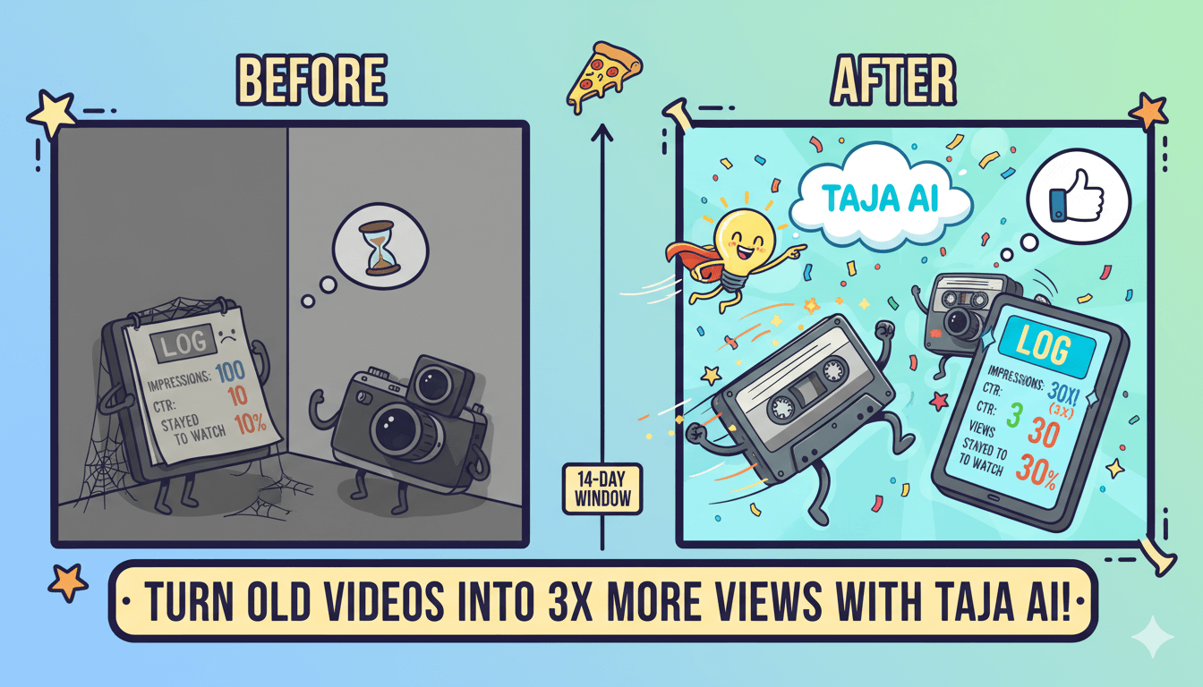 Cartoon showing a neglected video and KPI log "before" and a thriving video with improved KPI log "after" using Taja AI.