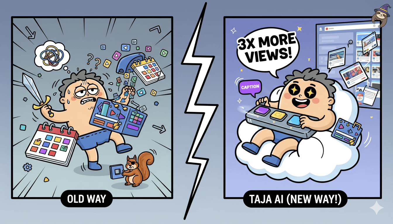 Cartoon split comparison showing a creator struggling with many tools versus easily gaining views with Taja AI.