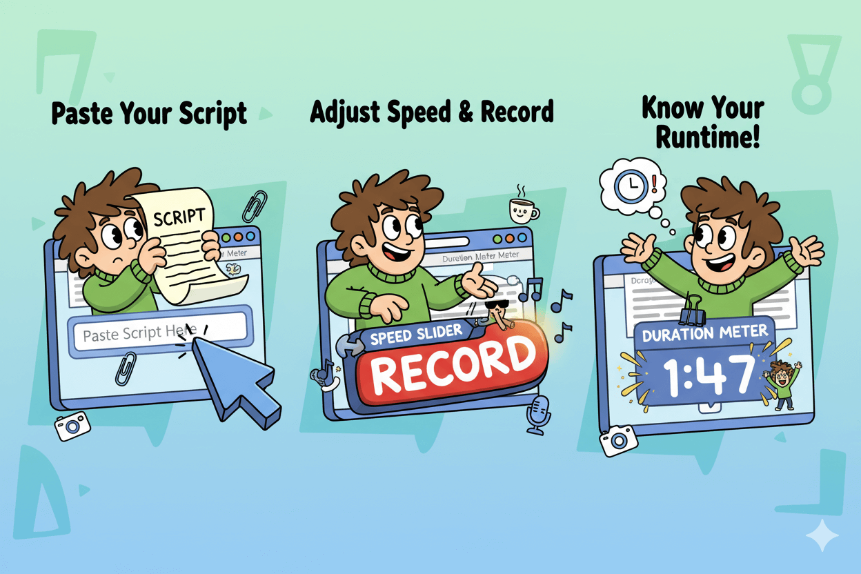 Three-panel cartoon illustrating how Bigvu's online teleprompter simplifies video recording by allowing users to paste scripts, adjust speed, and see runtime.