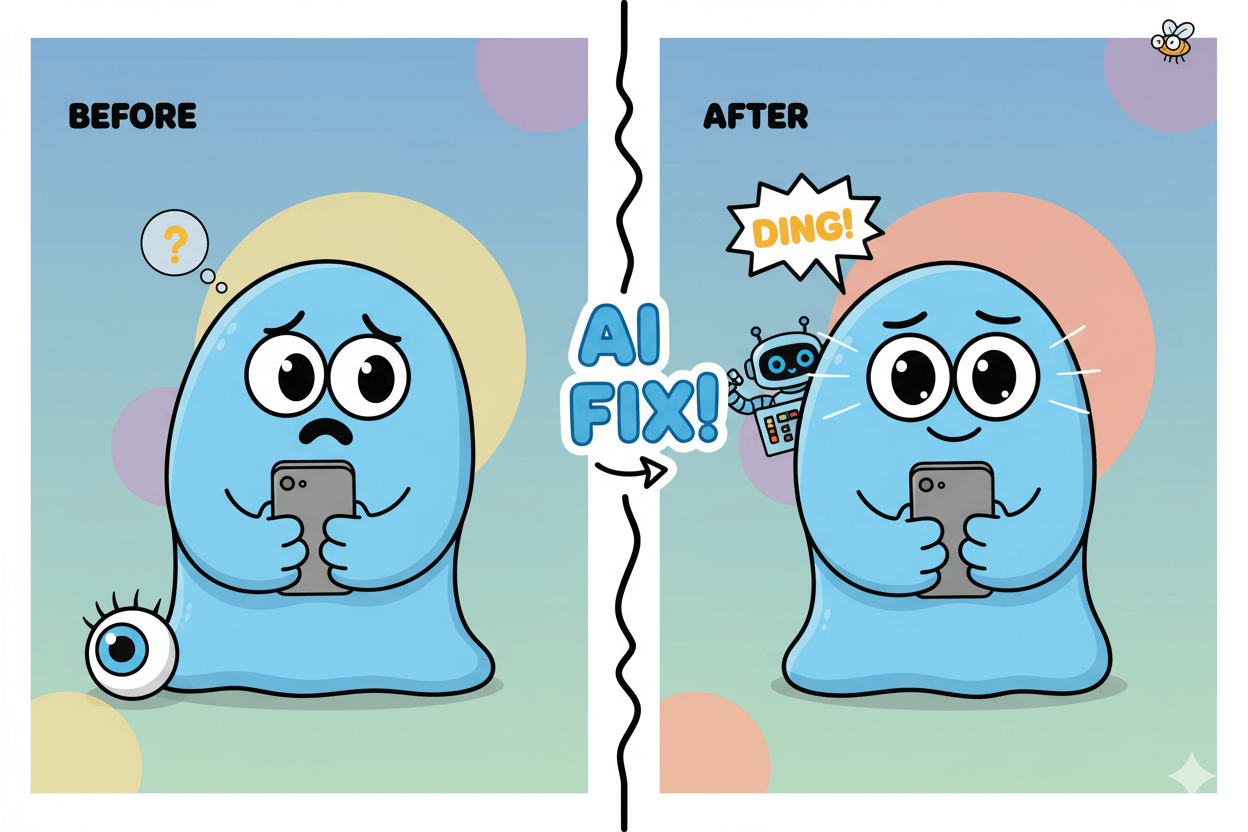 Cartoon blue blob before and after AI eye-contact fix for improved camera confidence.