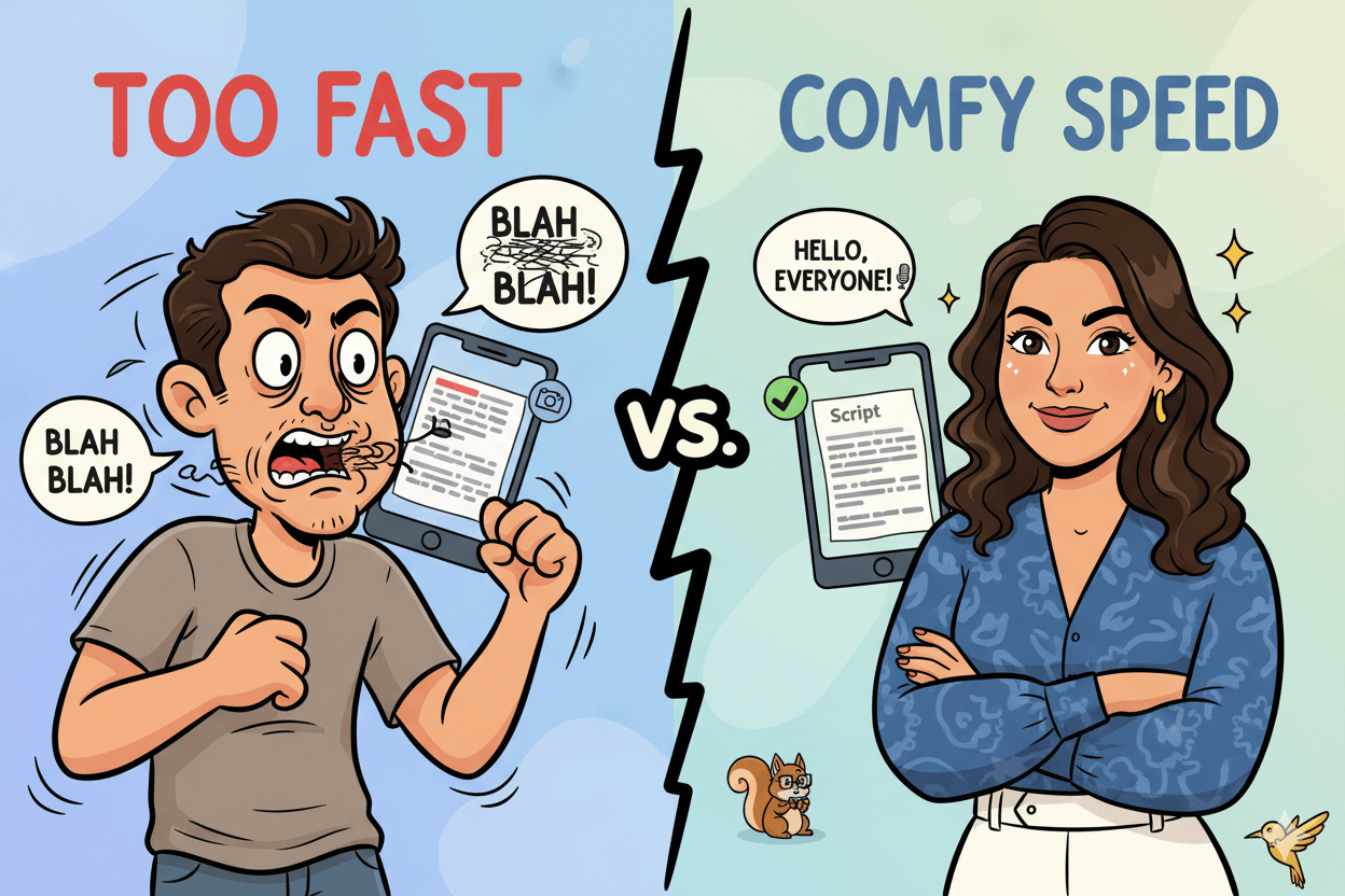 Cartoon illustration showing a man frantically trying to read a teleprompter and a woman confidently speaking, demonstrating optimal teleprompter speed.