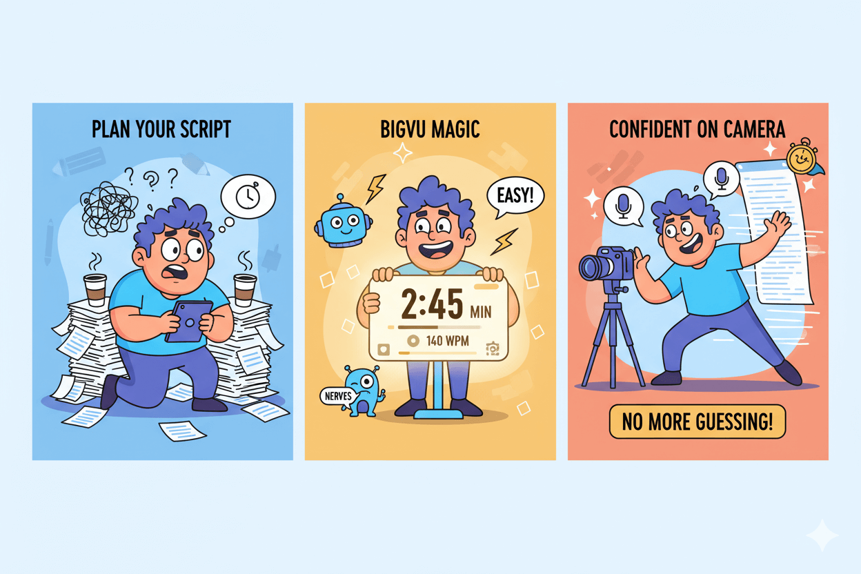 Three-panel cartoon illustrates a man planning a script, then using Bigvu's duration estimate, and finally confidently recording.