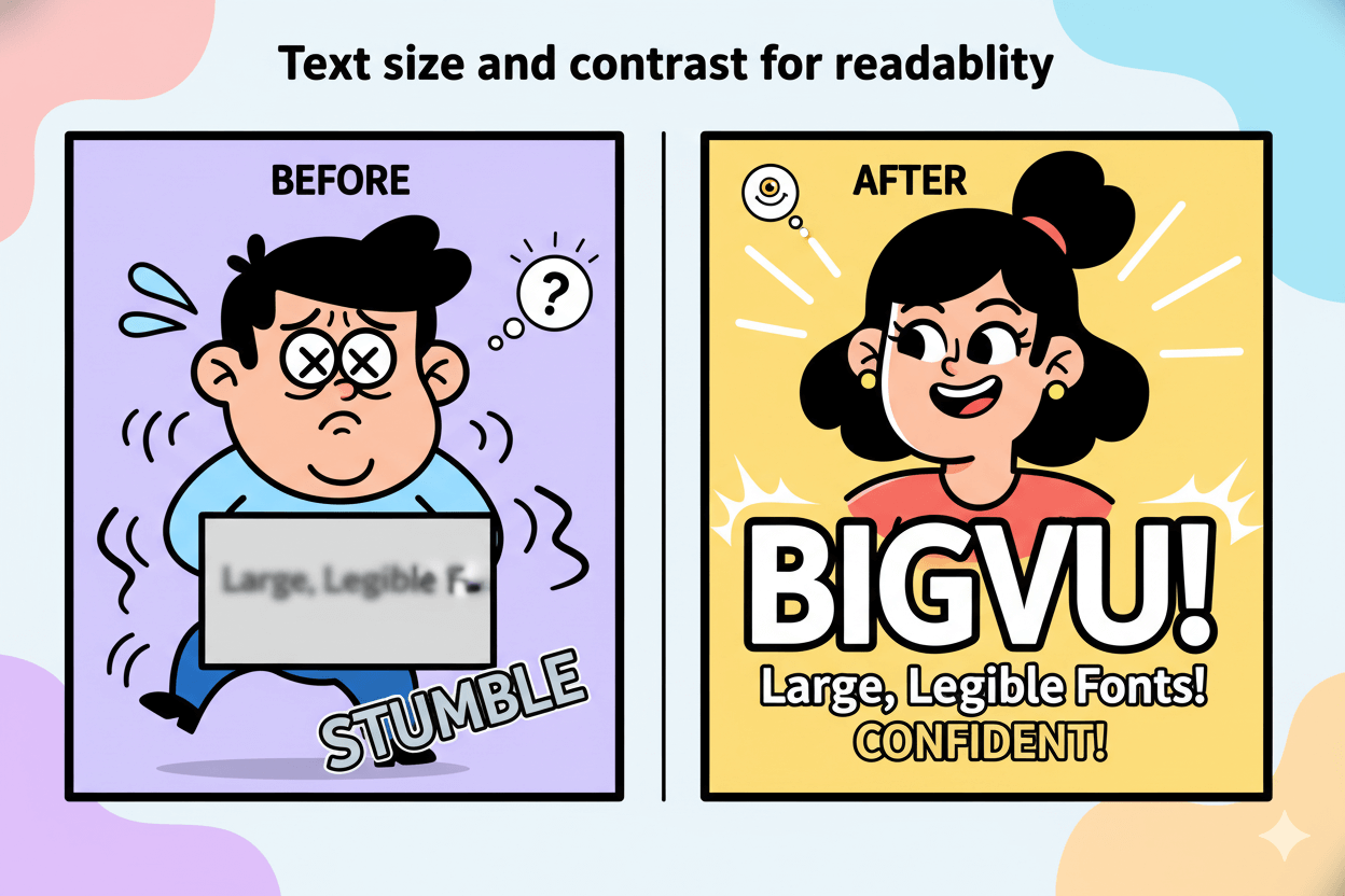 Before and after split comparison shows a frustrated man struggling with small text, then a confident woman reading large, clear text.