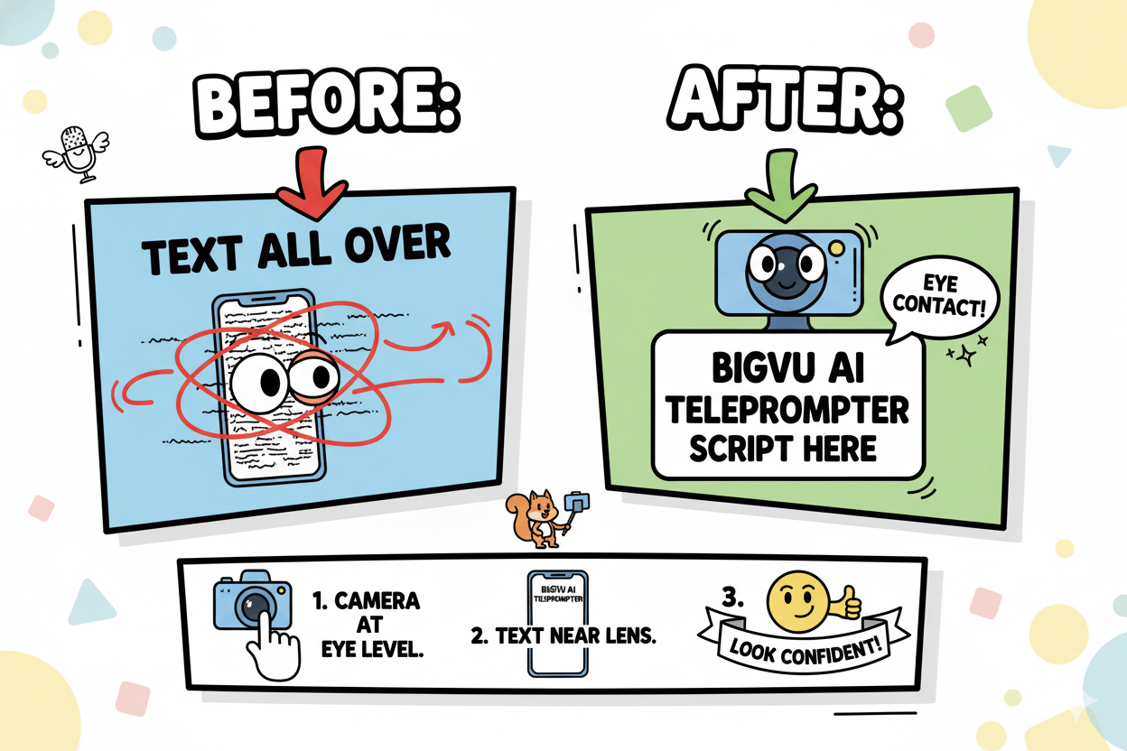 Before and after comparison of teleprompter text placement near the camera lens for natural eye contact.