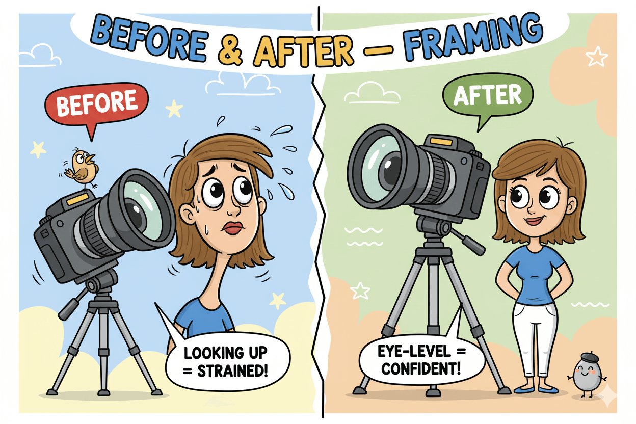 Before/after split comparison shows a cartoon woman struggling with a low camera angle versus confident with an eye-level camera.