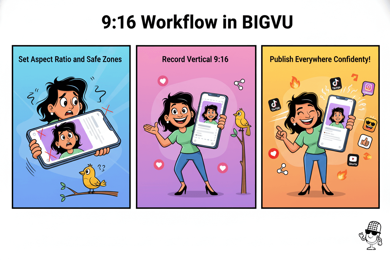 Three-panel cartoon illustrating a woman confidently creating vertical 9:16 social media videos using safe zones.