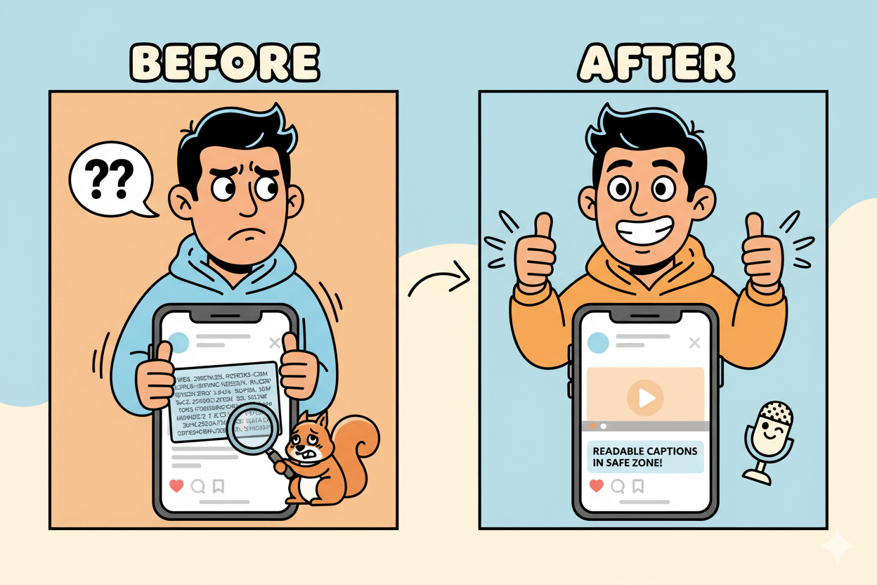 Before and after comparison showing poorly placed captions overlapping UI versus readable captions within a safe zone to highlight accessibility.