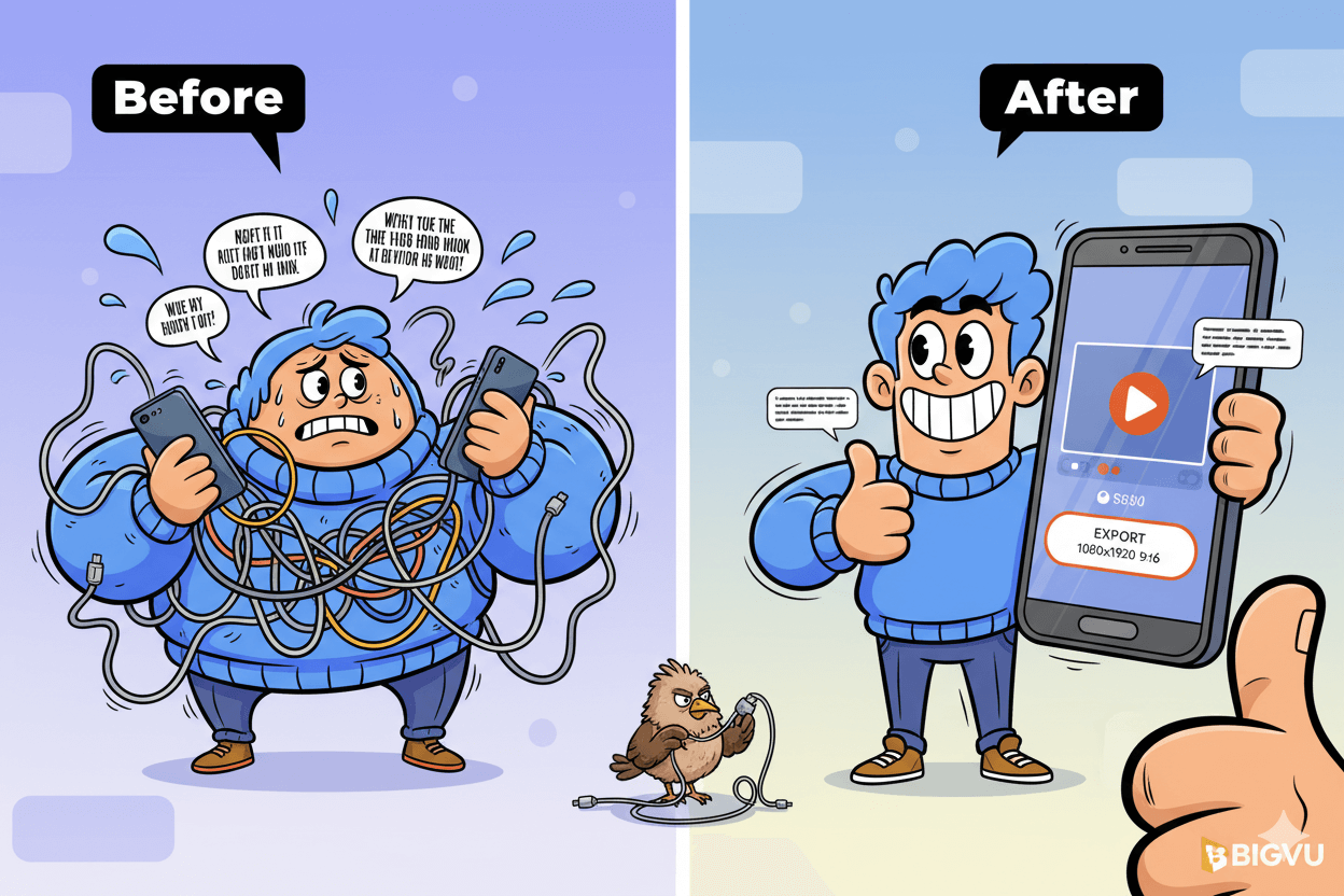  A cartoon before-and-after image illustrating easy vertical video export settings with a mobile phone.