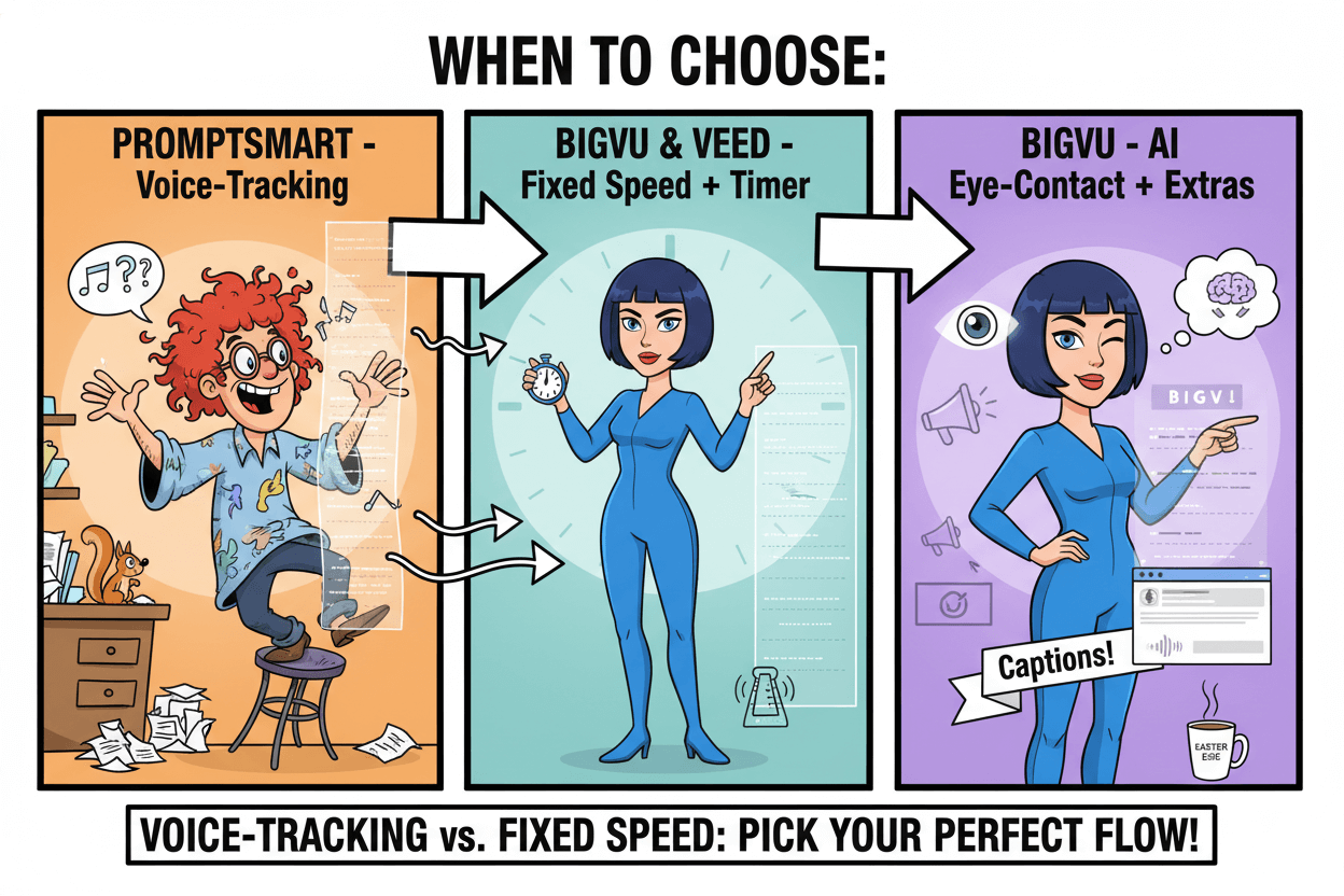 A playful, three-panel cartoon compares PromptSmart's voice-tracking, BIGVU/VEED's fixed-speed teleprompters, and BIGVU's AI features.