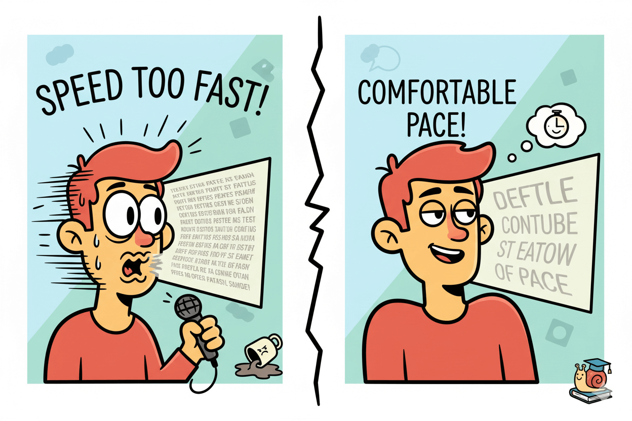 Cartoon man struggling to read fast-scrolling text next to a calm man reading at a comfortable pace, illustrating teleprompter speed mistakes and fixes