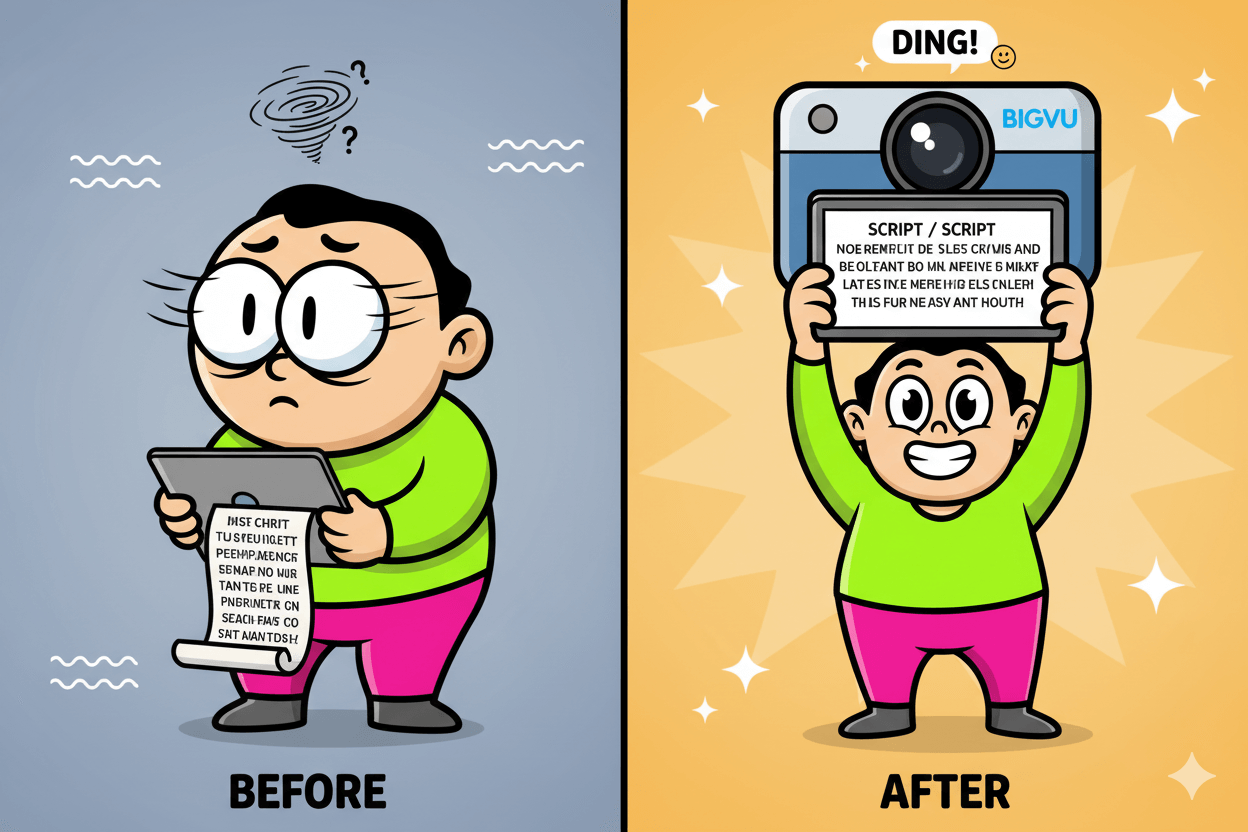 Cartoon character demonstrates before and after of script placement for natural eye contact using a teleprompter.