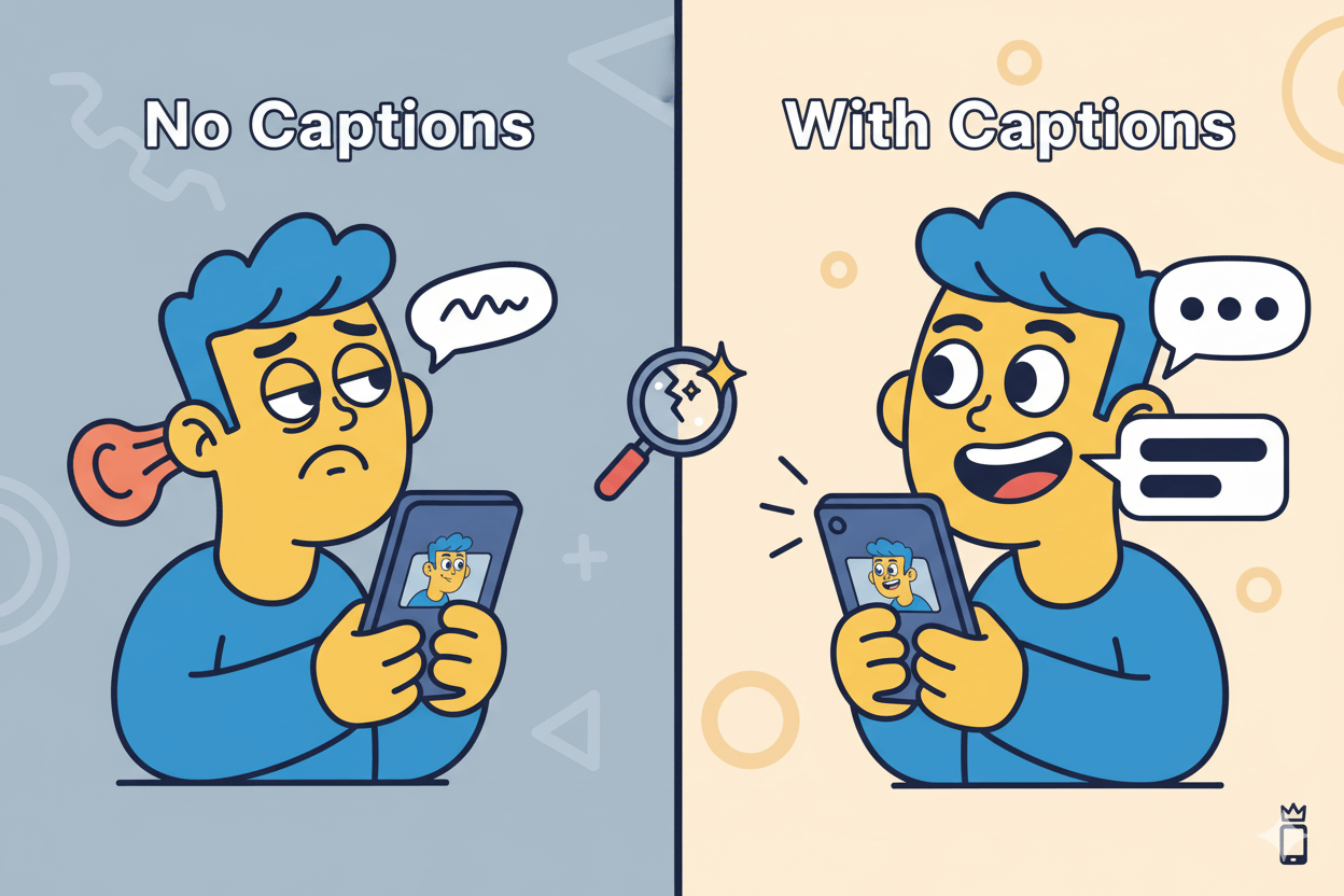Cartoon illustration contrasting a confused person viewing a video without captions and a happy person viewing a video with captions, showing why captions are important.