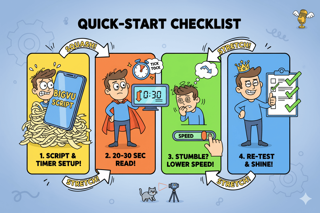 Cartoon process flow showing four steps to confidently use a teleprompter, starting with script setup and ending with a successful re-test.