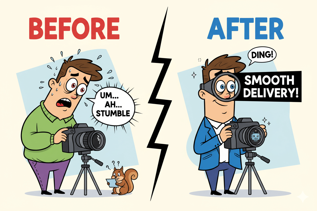 Cartoon comparison shows a man struggling with a low teleprompter before, and confidently speaking with an eye-level teleprompter after.