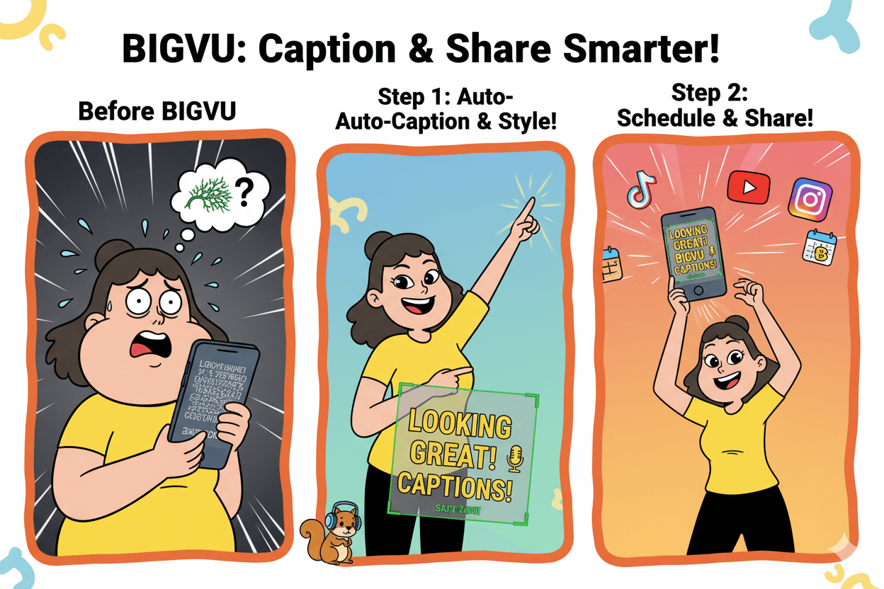 Three cartoon panels show a user struggling with captions, then easily auto-captioning within a safe zone, and finally scheduling content for social media.