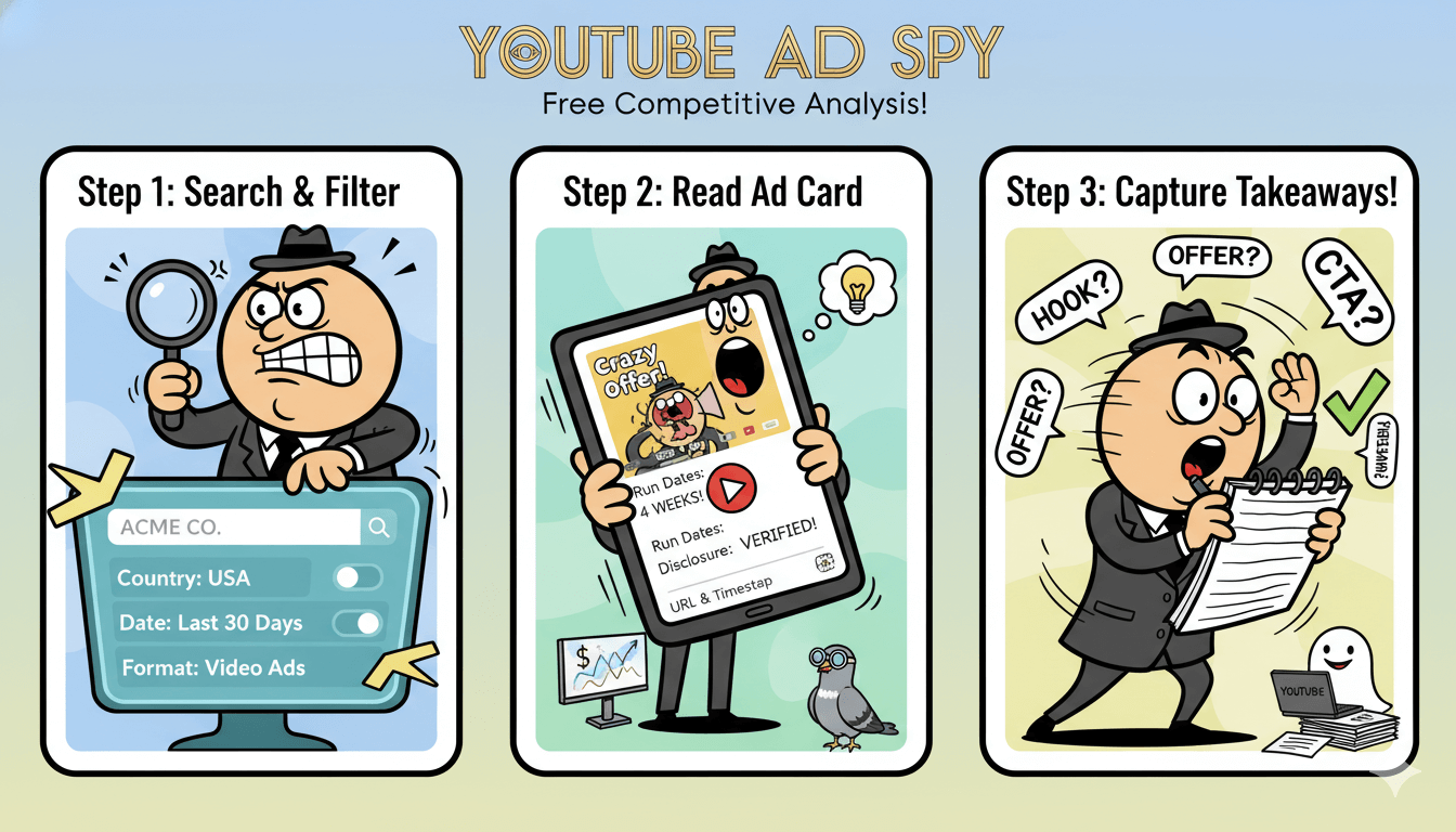 Cartoon spy agent uses a 3-step panel to show how to search, filter, and capture insights from the Google Ads Transparency Center.
