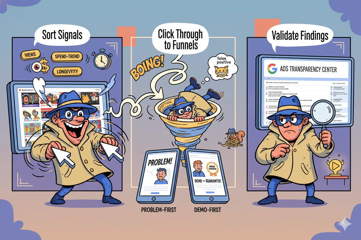 A cartoon spy sorting YouTube ad data, clicking through funnels to compare landing pages, and validating findings to avoid false positives.