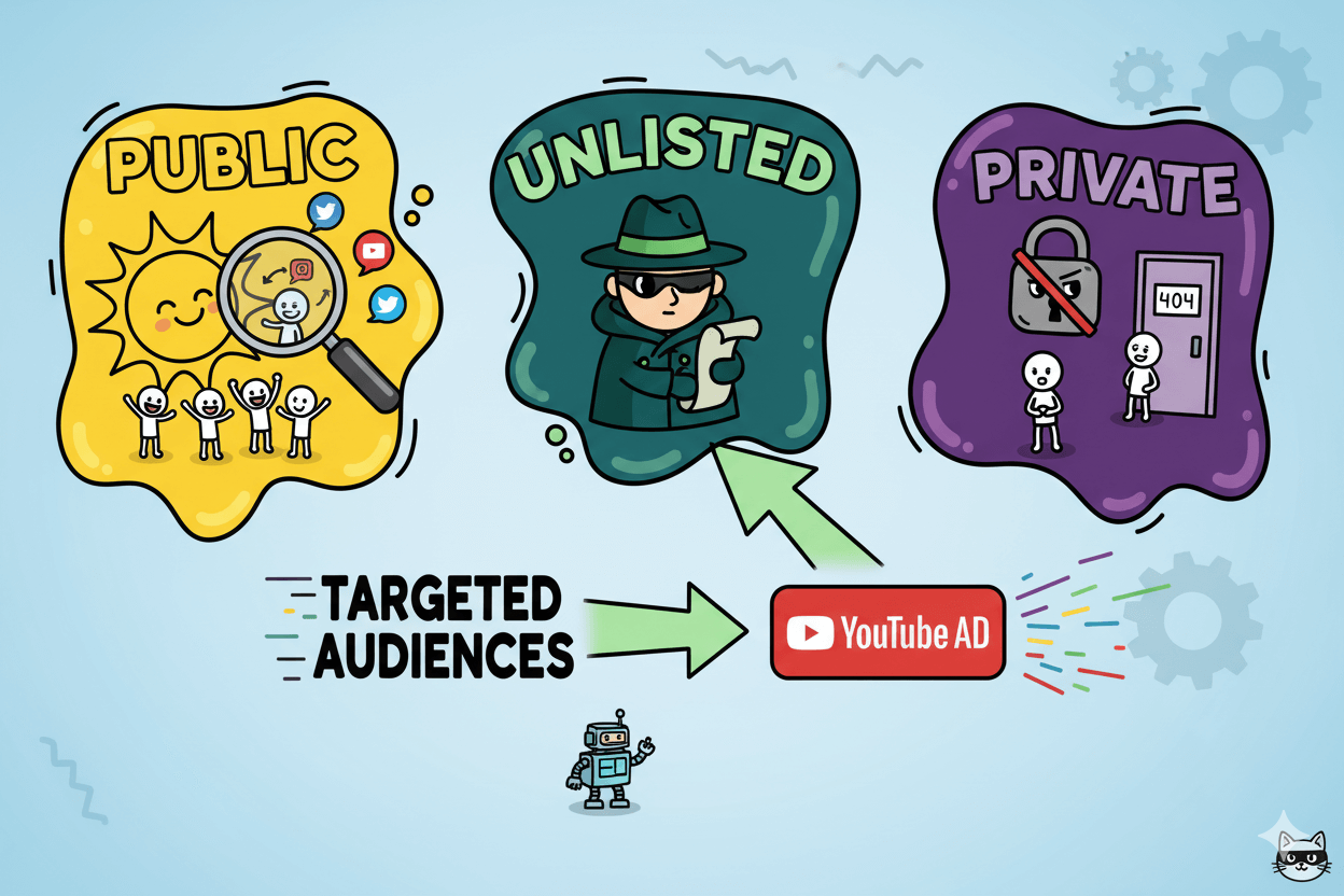 Cartoon diagram showing public, unlisted, and private YouTube video states and how unlisted videos are used for targeted ads