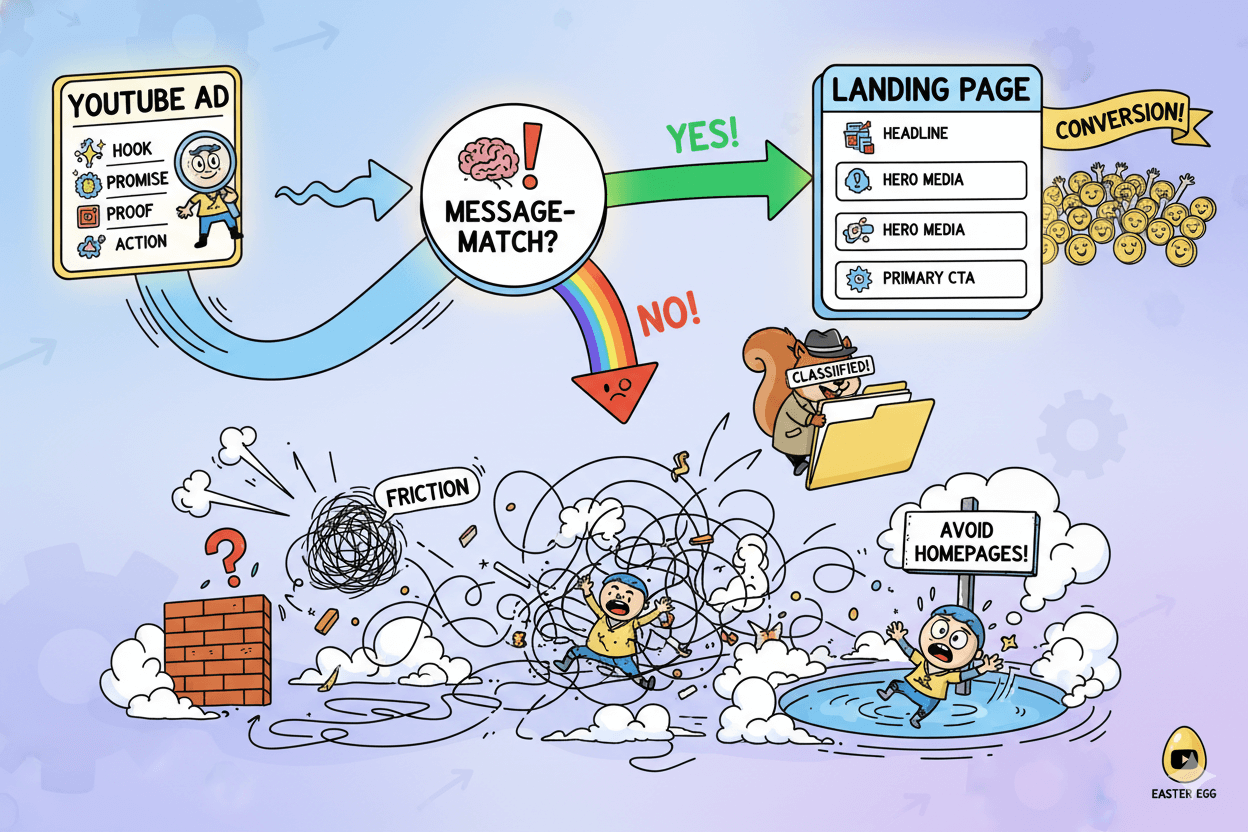 Playful cartoon flowchart illustrates the "message-match" process from a YouTube ad to a landing page, highlighting success and friction.