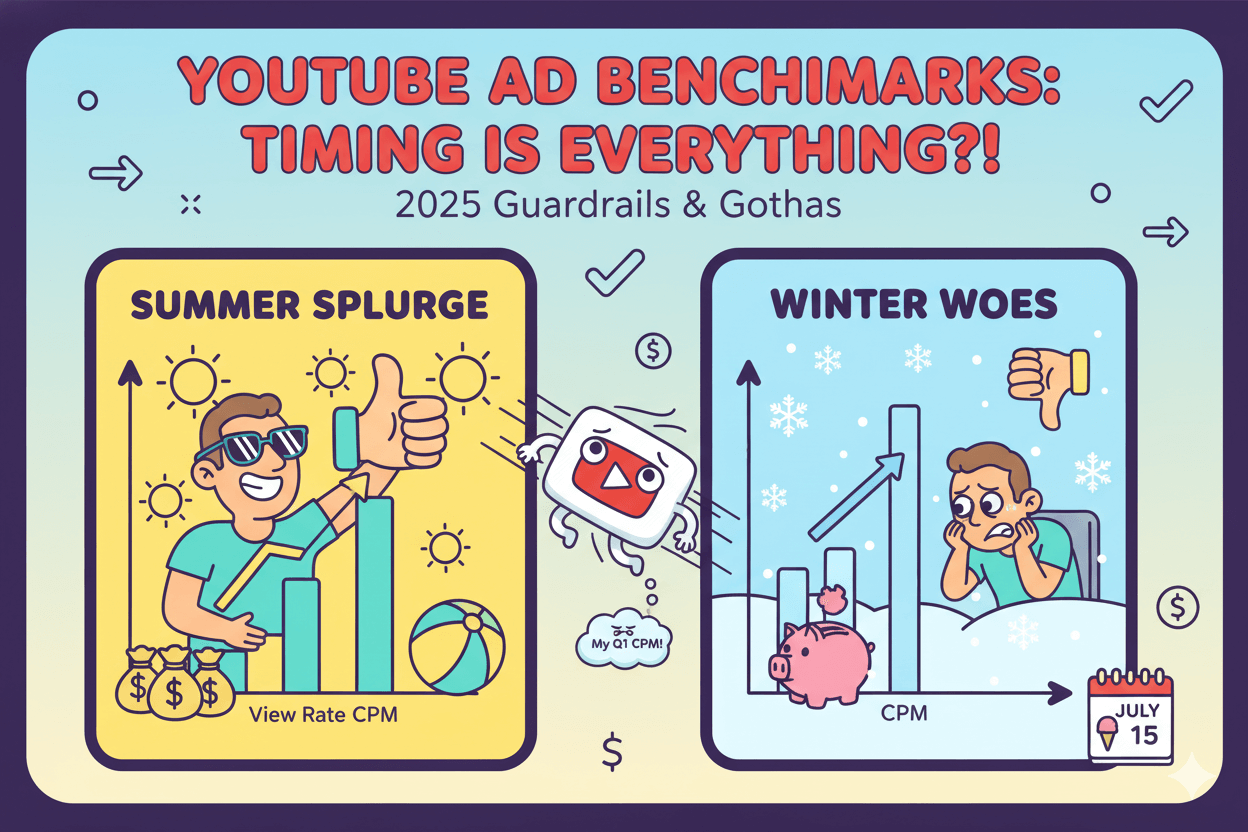 Cartoon showing a split comparison of YouTube ad benchmarks, highlighting seasonal variations for view rate and CPM.
