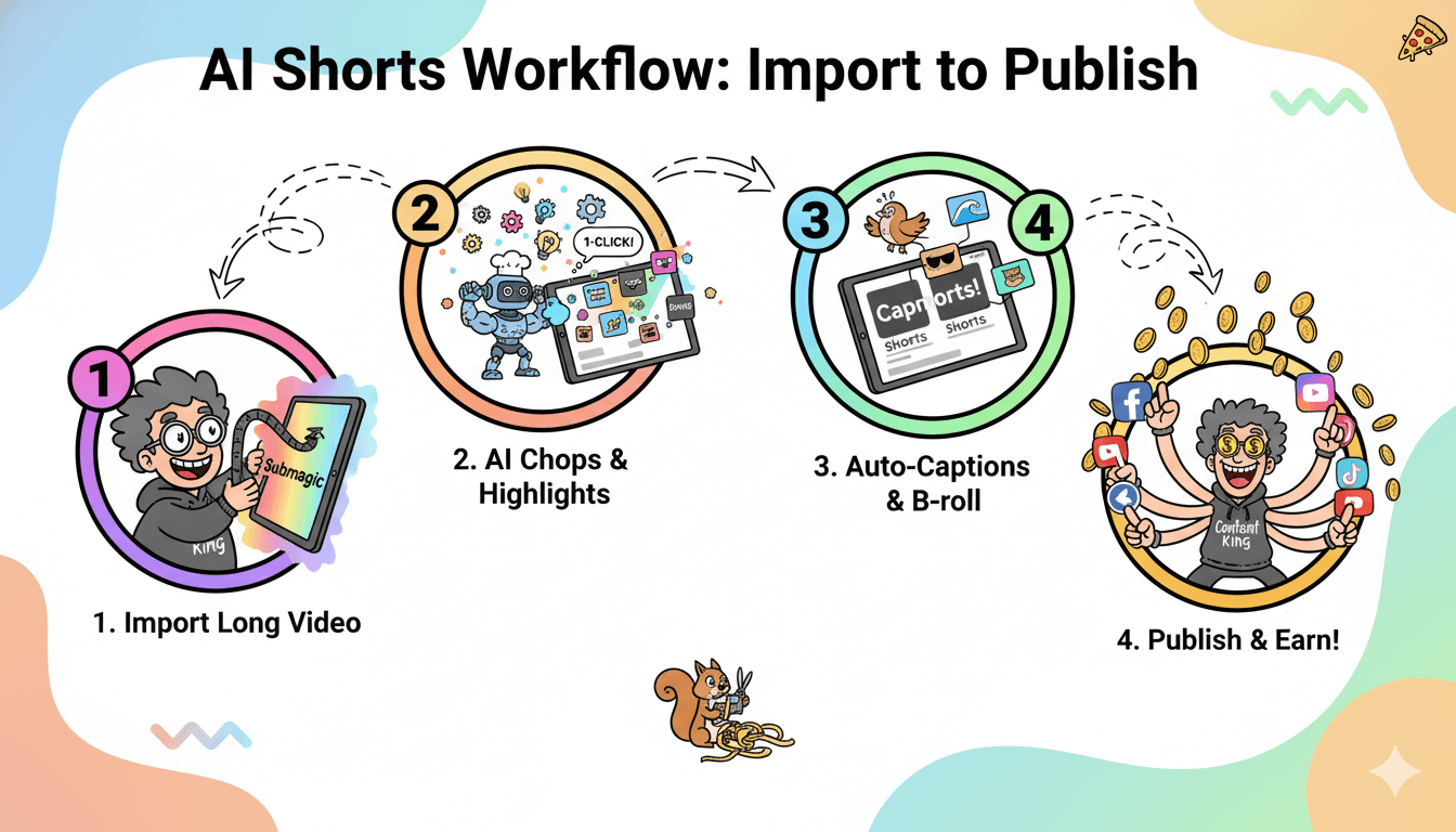 Cartoon 4-step process flow shows a content creator turning a long video into Submagic shorts with AI, captions, B-roll, and publishing.