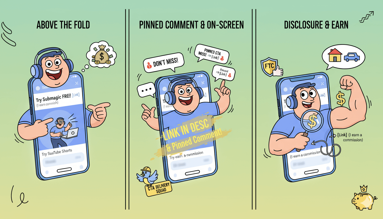 Cartoon panels show a content creator optimizing affiliate link placement in YouTube shorts for increased visibility and commissions.