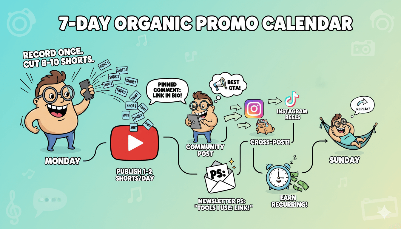Calendar showing daily Shorts, a mid-week community post, cross-posts to Instagram/TikTok, and a Friday newsletter PS for organic promotion.