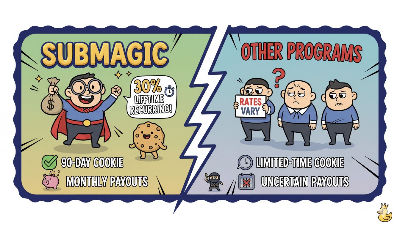 Cartoon comparison of affiliate programs, showing Submagic's lifetime recurring commissions versus other programs' varied rates.