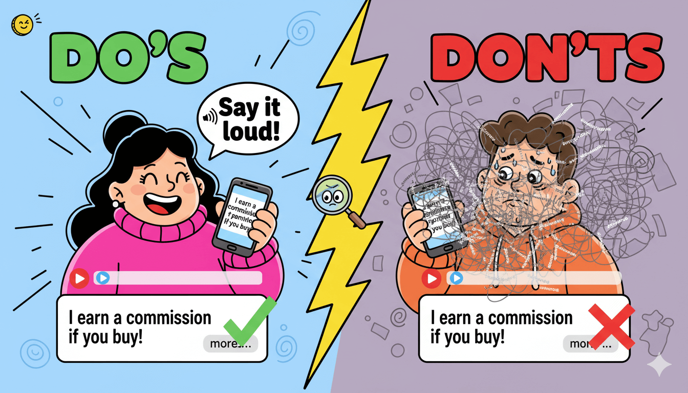 Playful illustration comparing "do's" and "don'ts" of affiliate disclosure on short-form video content.