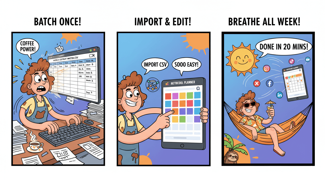 Cartoon entrepreneur uses a CSV to quickly schedule social media posts, then relaxes, demonstrating Metricool's quick-start scheduling.