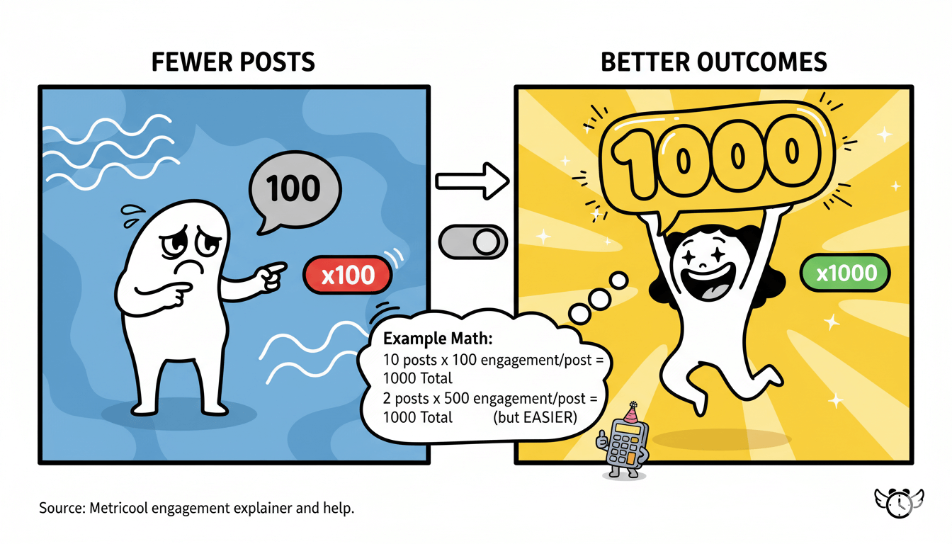 Cartoon showing a sad character with "100" and "x100" next to a happy character with "1000" and "x1000," illustrating social media engagement.